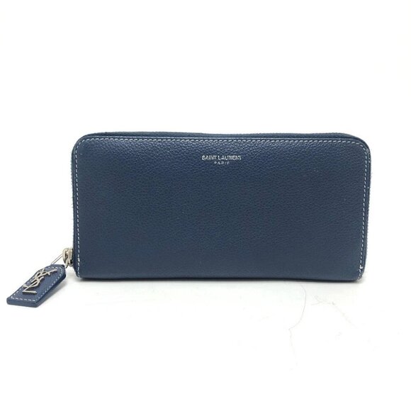 SAINT LAURENT PARIS Zip Around Long Wallet Leather Navy/SilverHardware - Picture 1 of 16